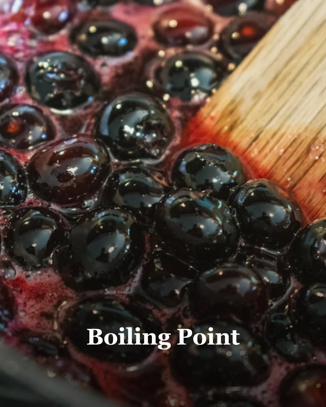 a wooden spoon stirring a pot of blueberries