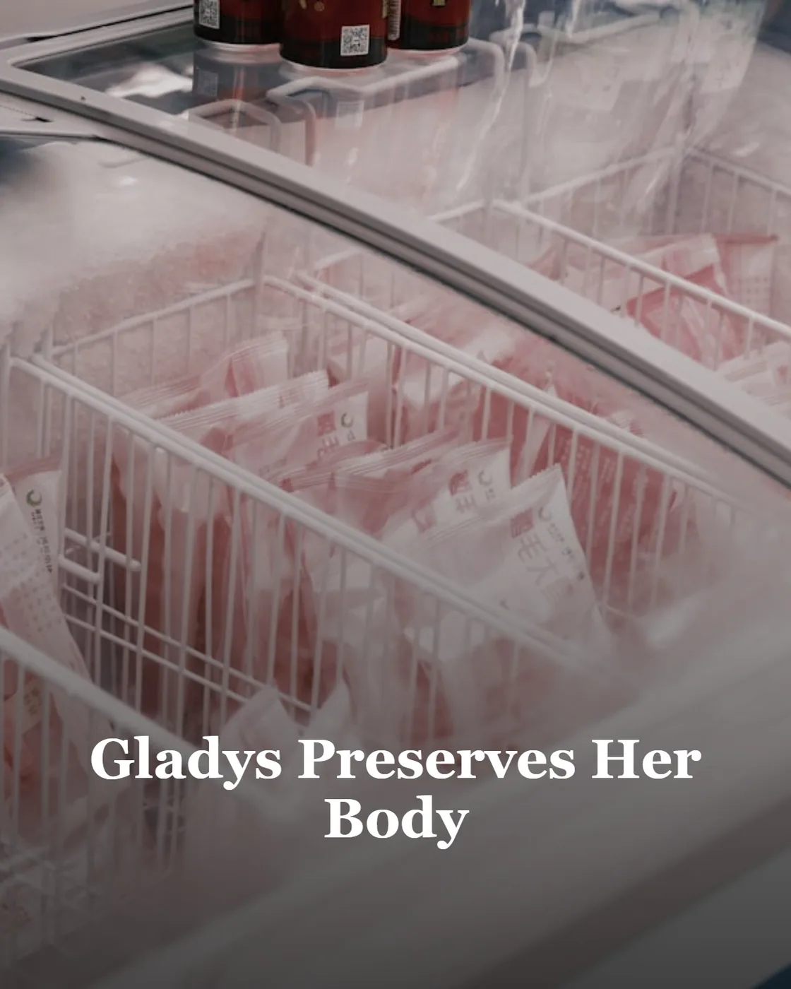 Frozen packaged meat in a supermarket freezer.